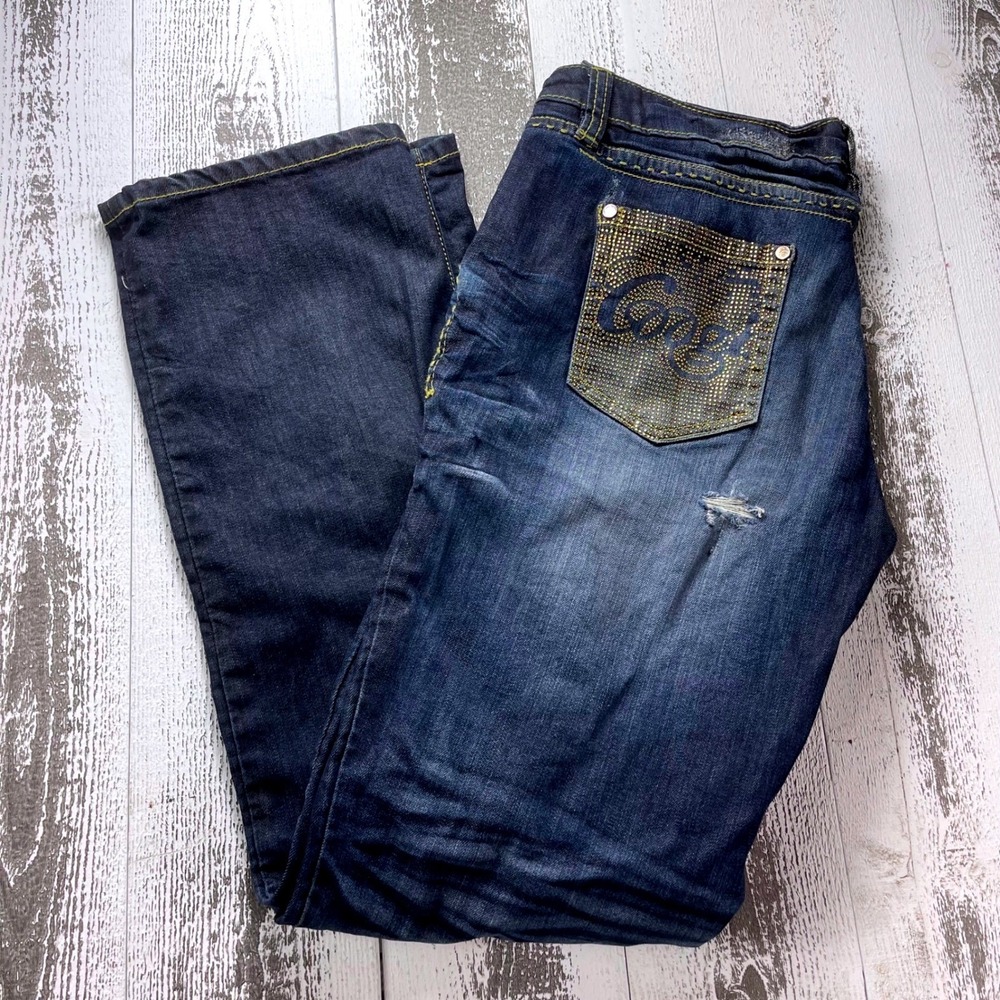 Coogi Premium Jeans Juniors 15/16 Rhinestone Logo Distressed Dark Wash Y2K